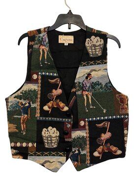 Vintage Conterio Golf-Themed Tapestry Vest Medium Multicolor Button Front